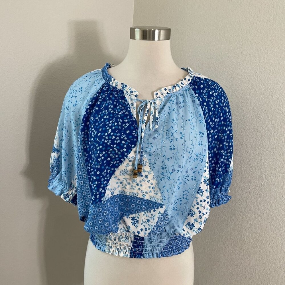 NEW Rose + Olive Womens Large Blue Floral Patchwork Peasant Top Smocked Hem Boho
